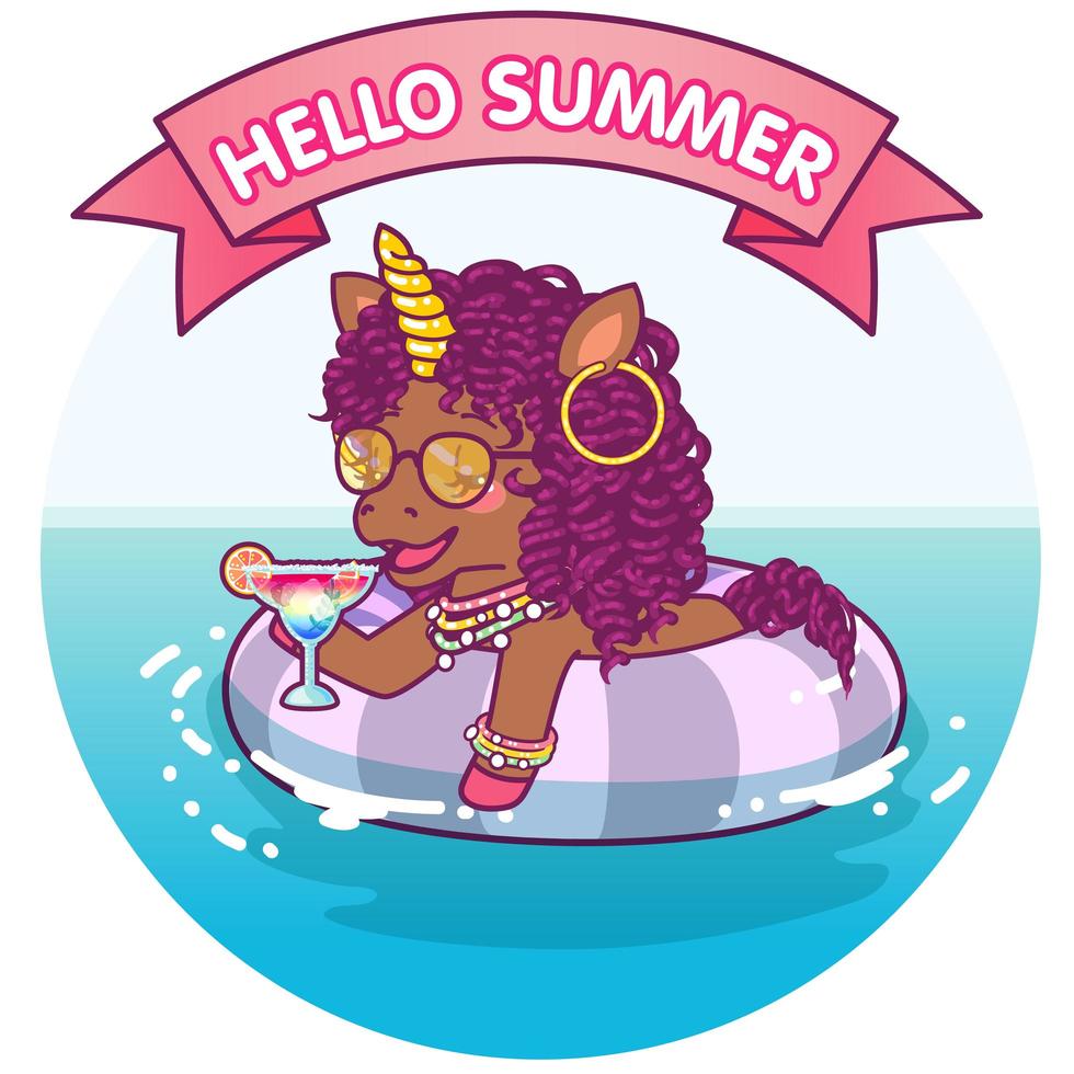 Afro Unicorn Floating on a Life Buoy Relaxing vector