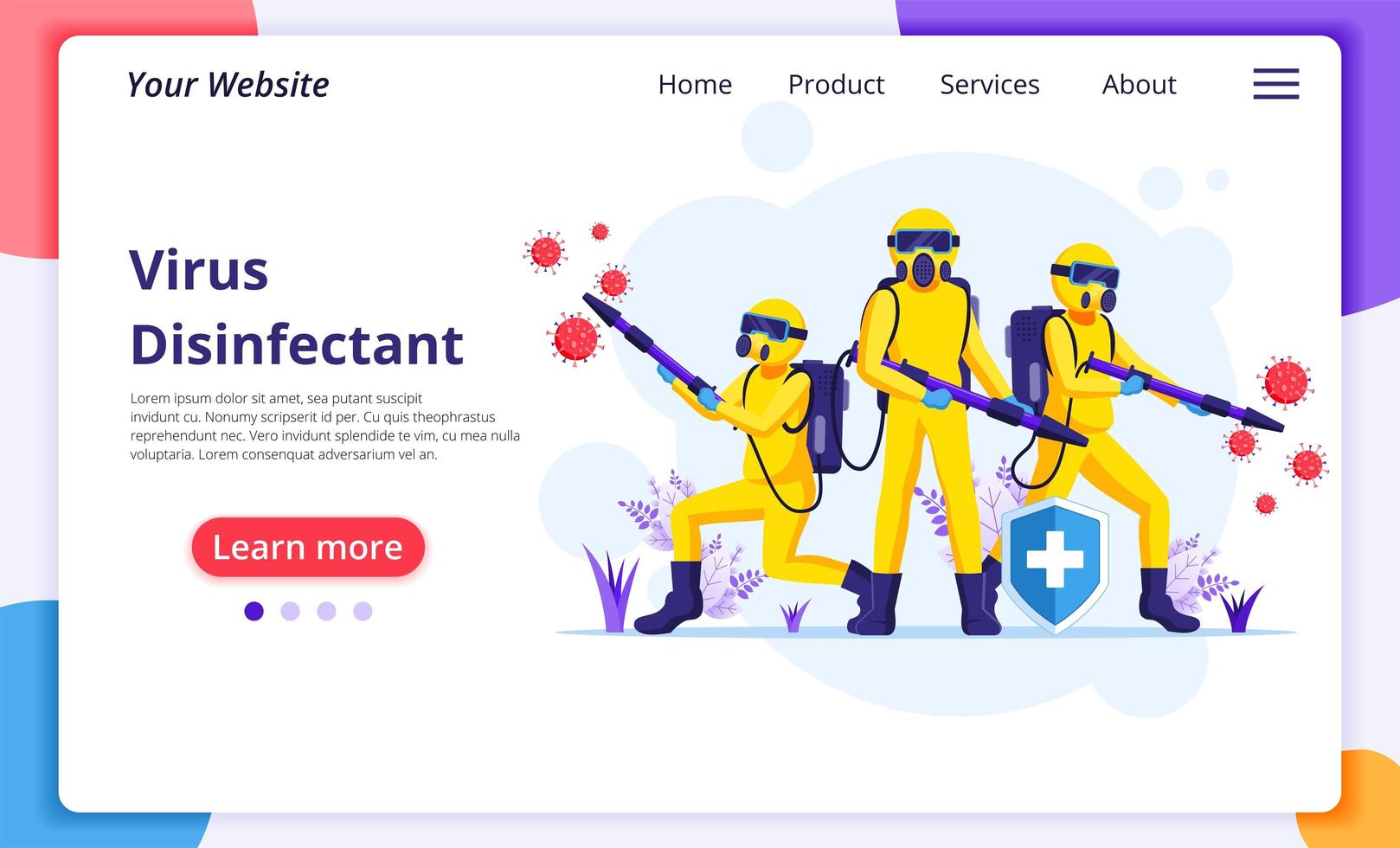 Disinfectant workers in hazmat suits landing page vector