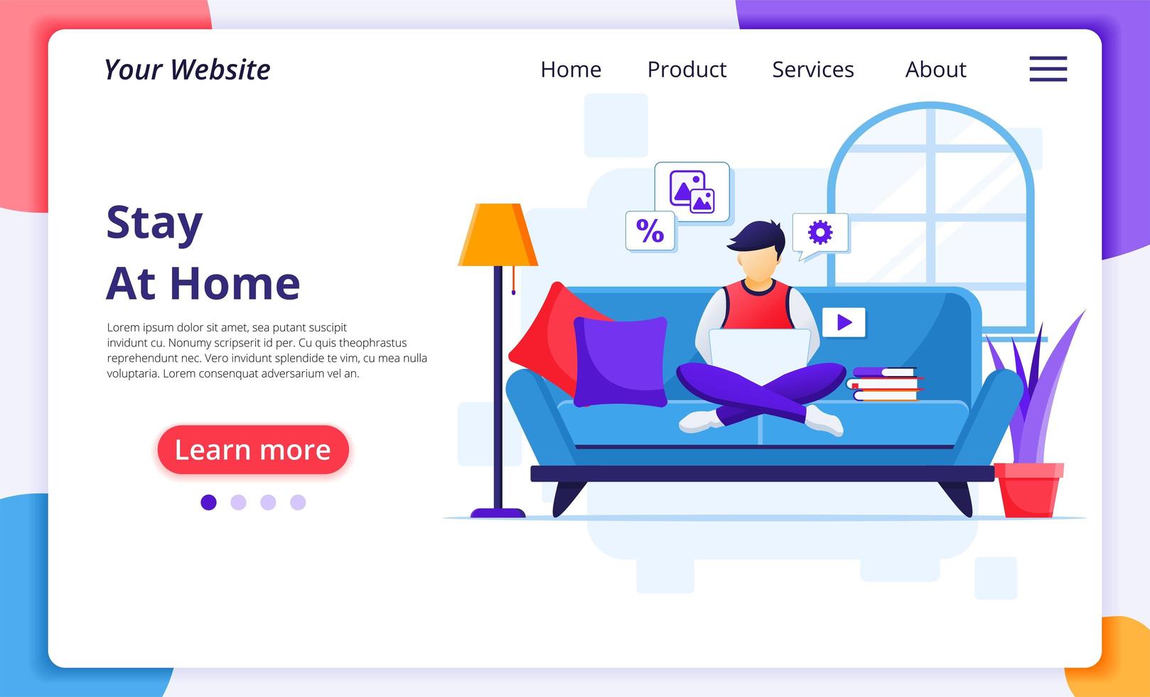 Man staying at home using laptop landing page vector