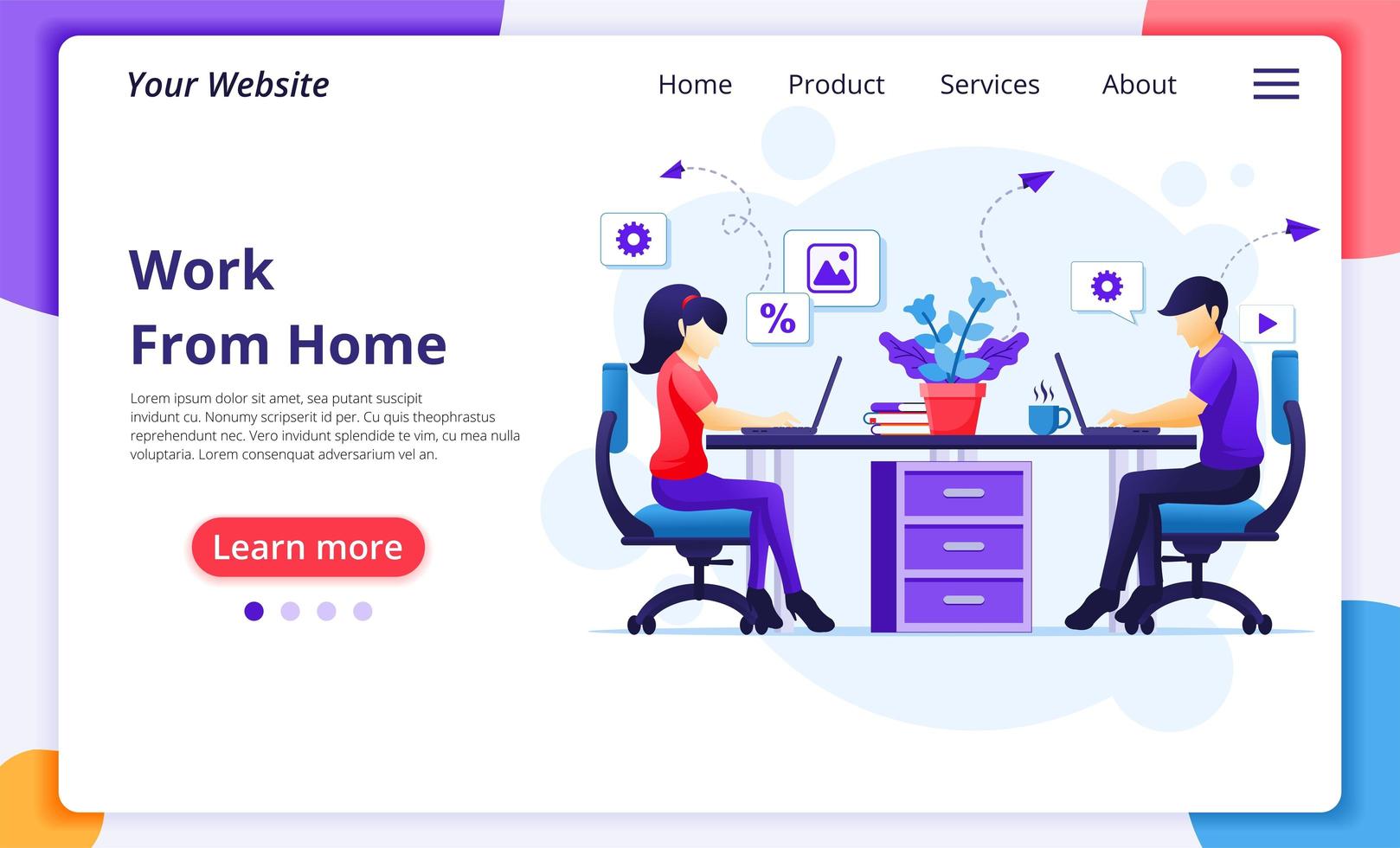 People working from home at desk landing page vector