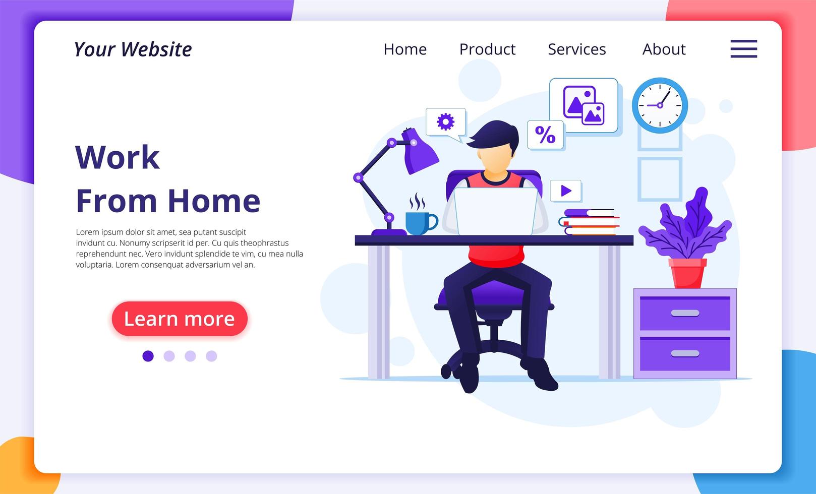 Person working from home at desk landing page vector