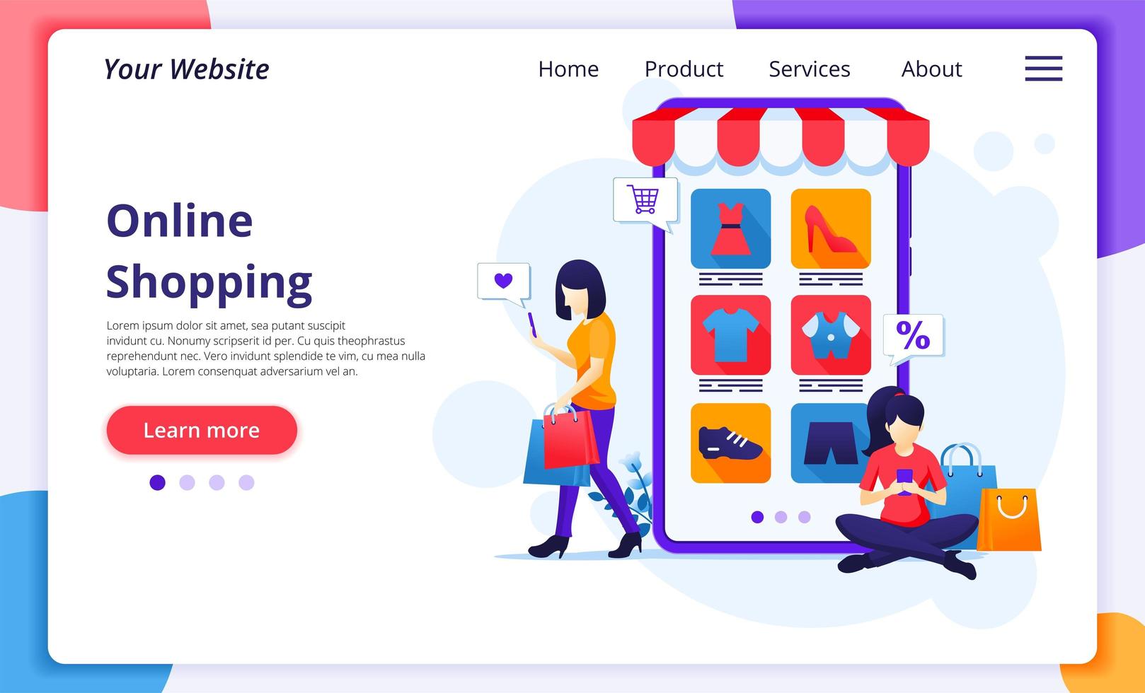 Two women online shopping landing page vector