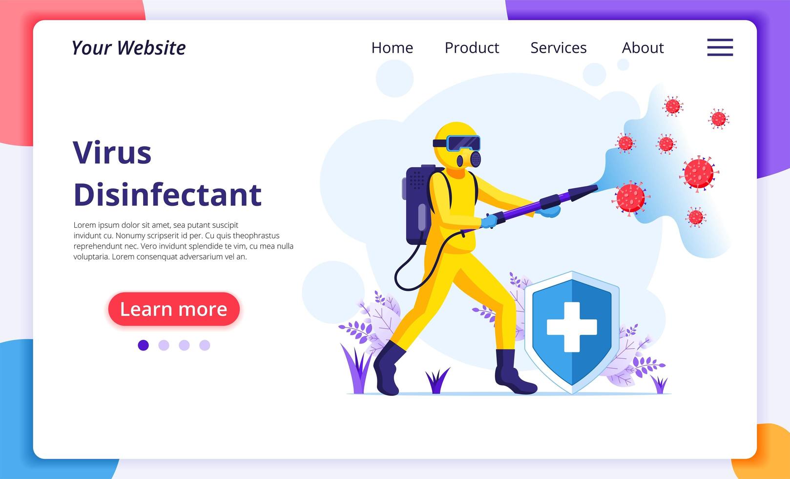 Worker in hazmat suit spraying disinfectant landing page vector