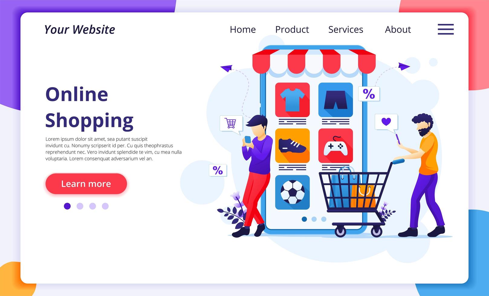 Two men online shopping landing page vector