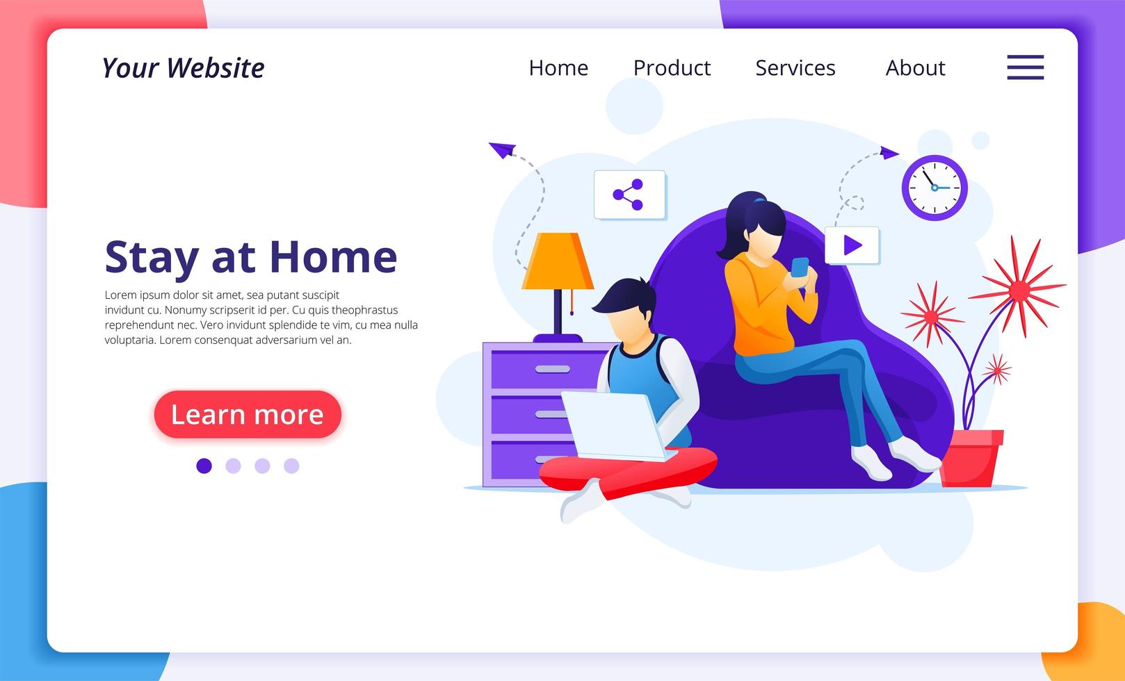 People staying at home using devices landing page vector