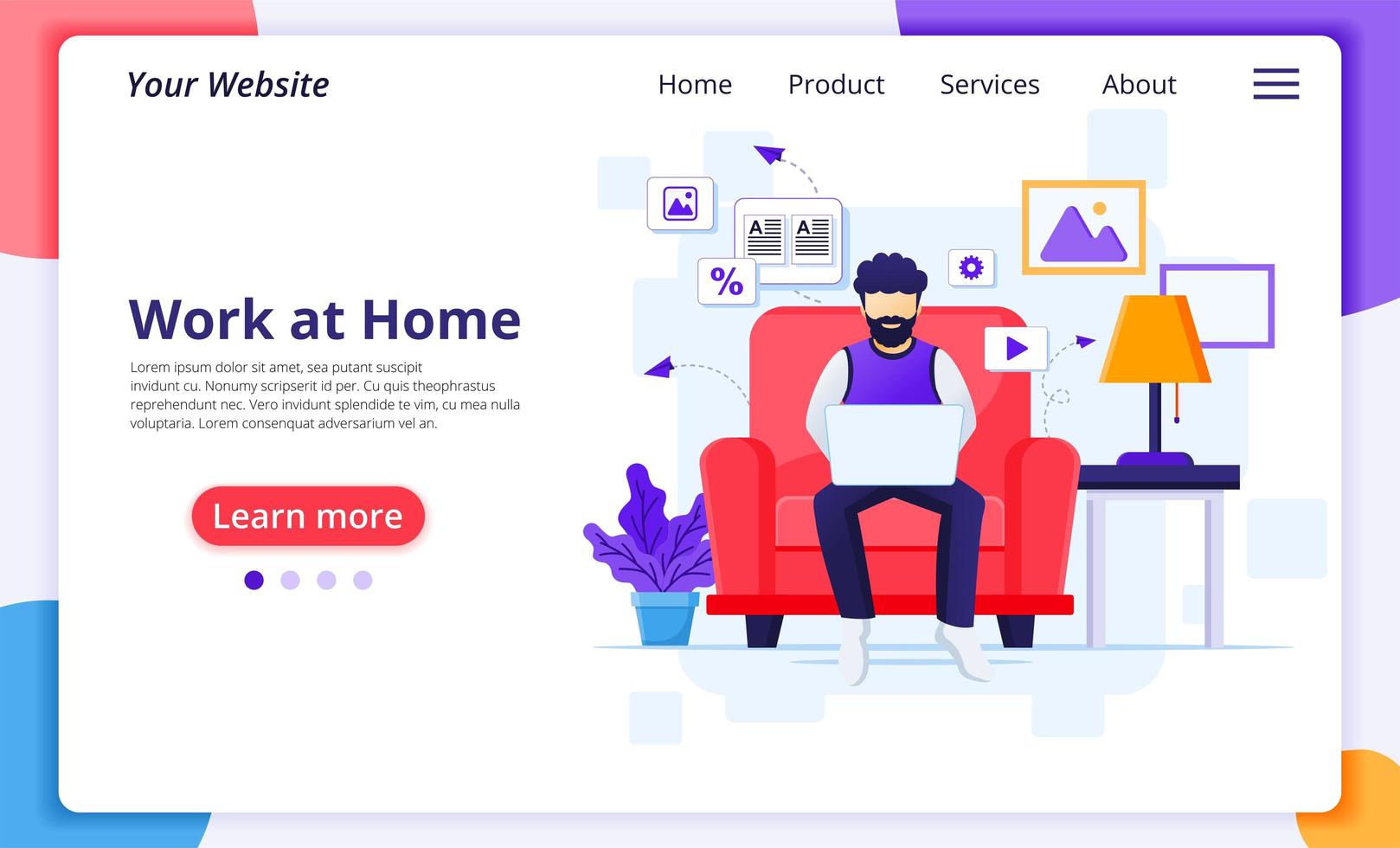 Man communicating with laptop from home landing page vector