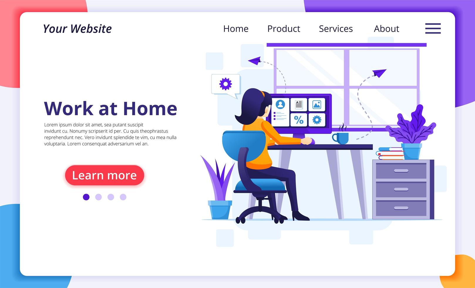 Woman at desk working from home landing page vector