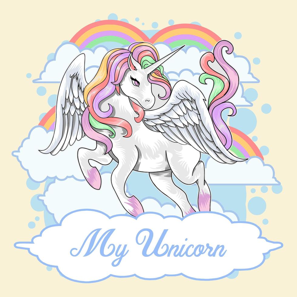 unicornio con alas y arcoiris vector