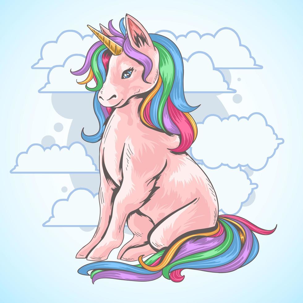 unicornio rosa sentado entre nubes vector