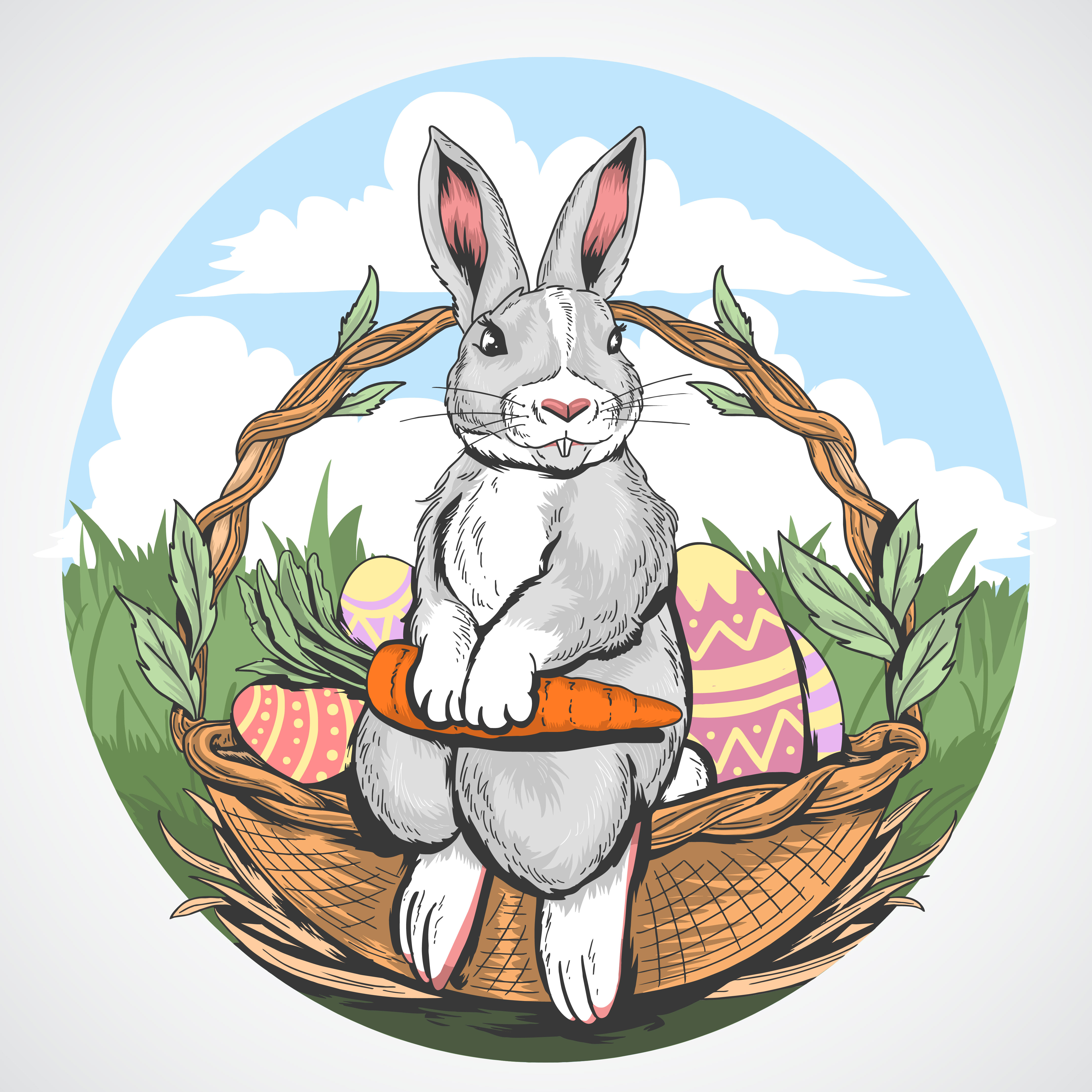 Traditional Easter bunny design with rabbit holding carrot sitting in baske...