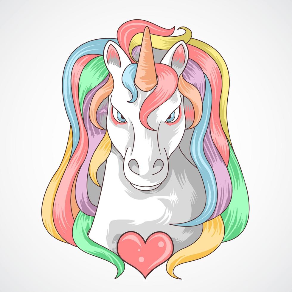 cabeza de unicornio con melena arcoiris y corazón vector