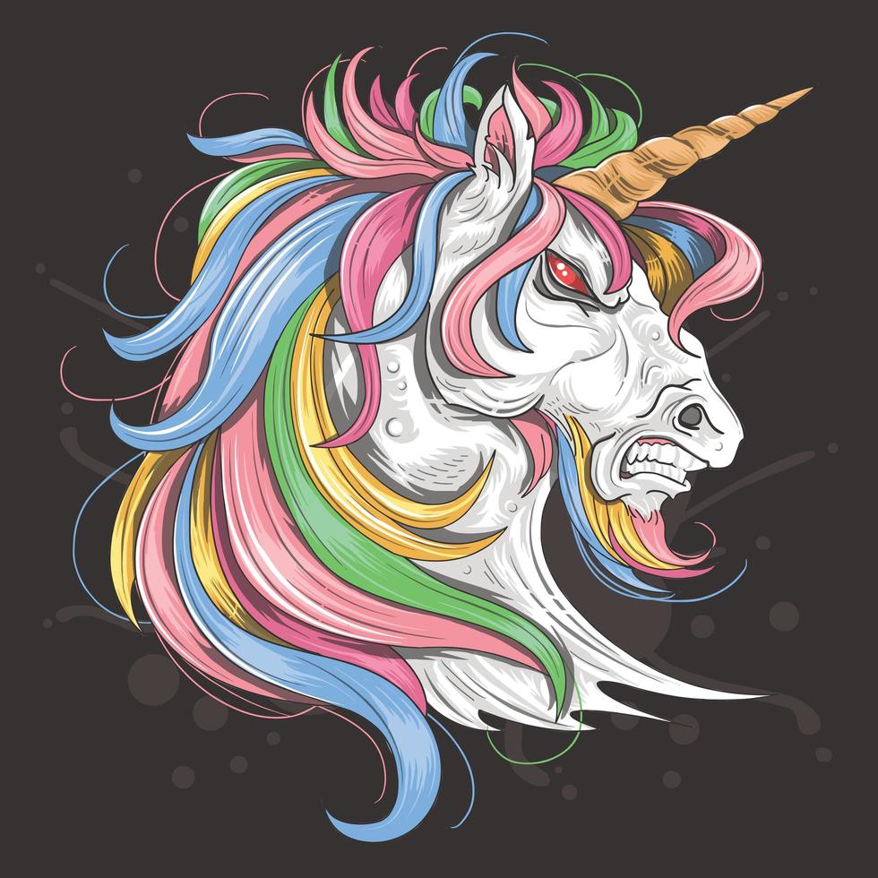 unicornio enojado con melena arcoiris vector