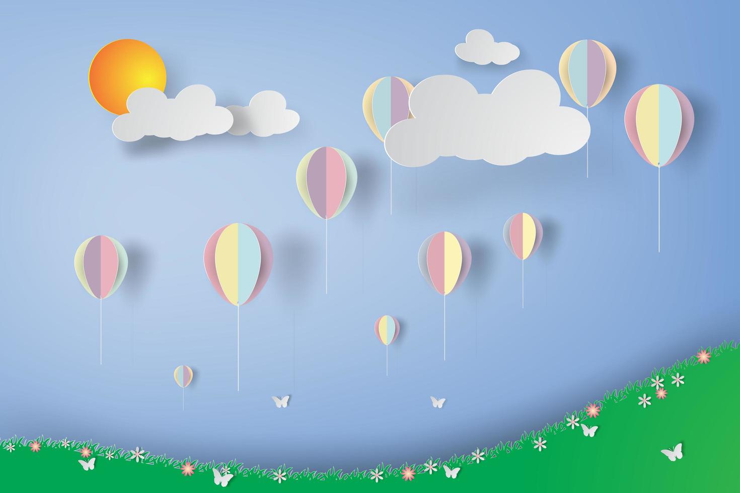 globos de colores sobre campo de flores vector