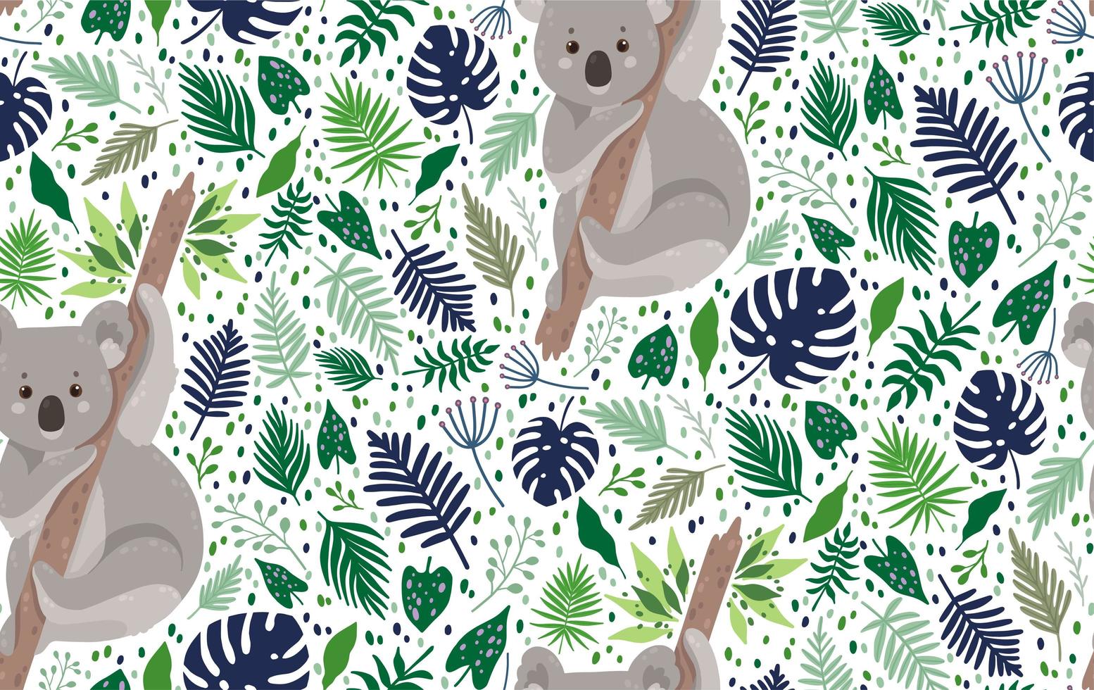 lindo koala rodeado de hojas de patrones sin fisuras vector