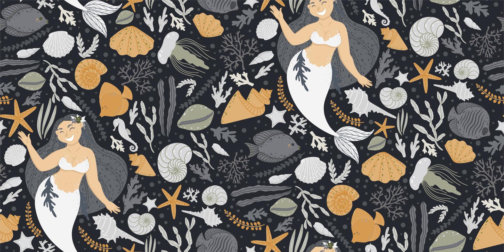 Seamless pattern with mermaids and ocean elements vector