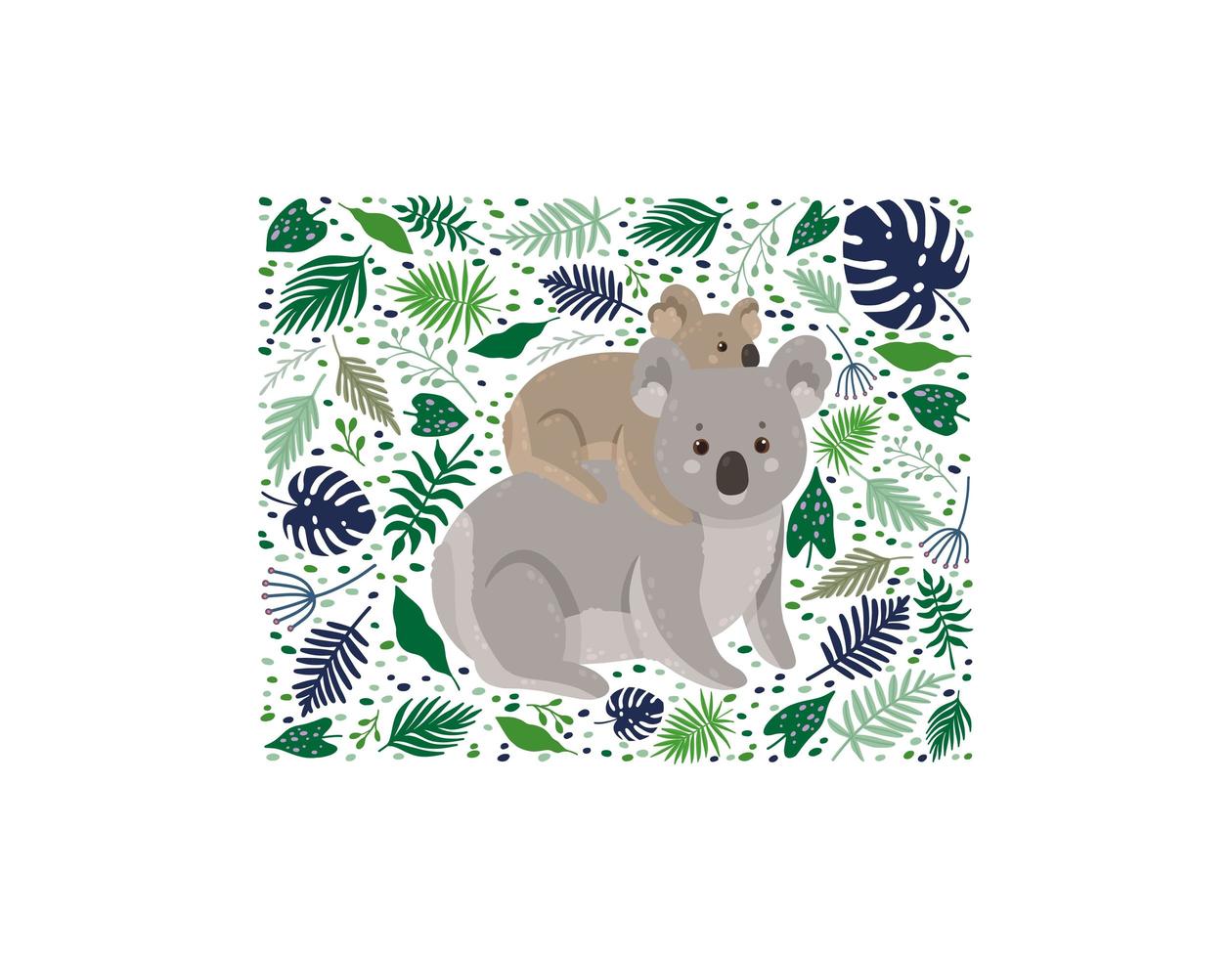 madre koala con su hijo rodeado de hojas vector