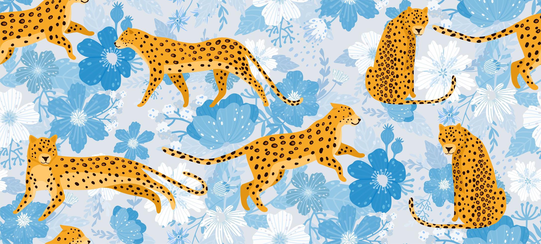 Leopards surrounded by bluel flowers seamless pattern vector