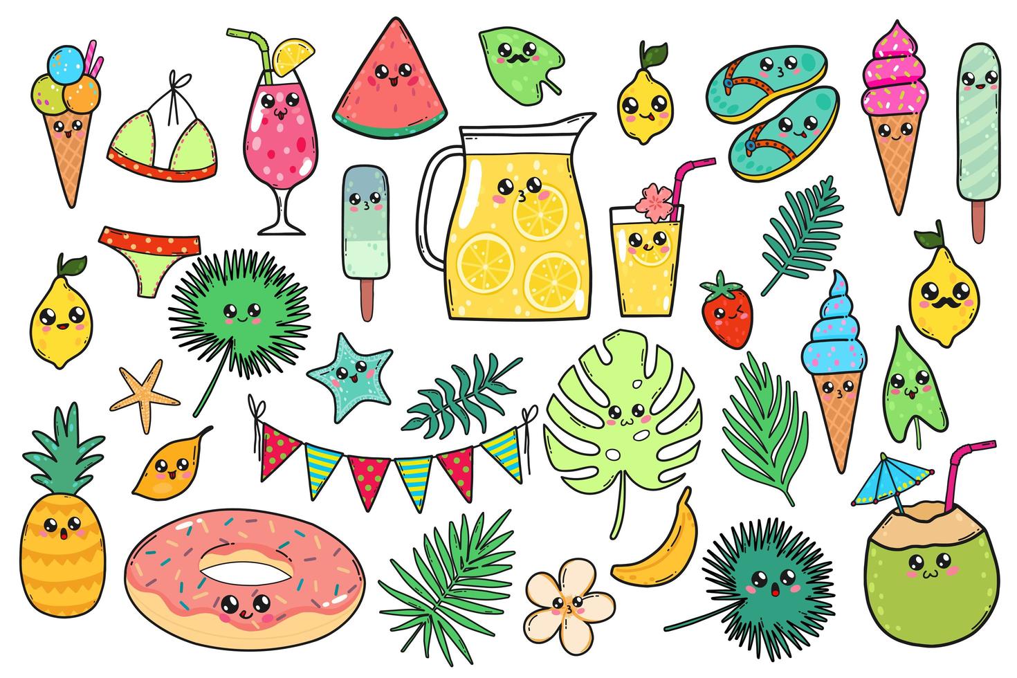  Collection of kawaii summer elements vector