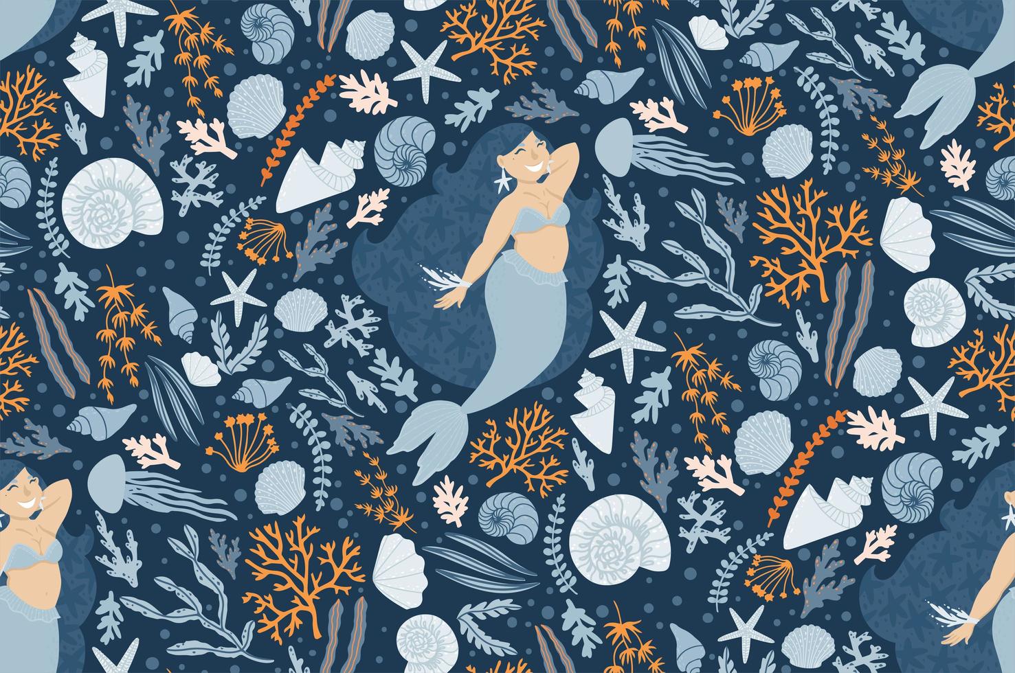 Cute seamless pattern with mermaids, plants, and shells vector