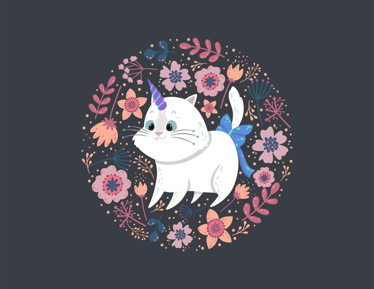 Fondo floral círculo con gato unicornio vector