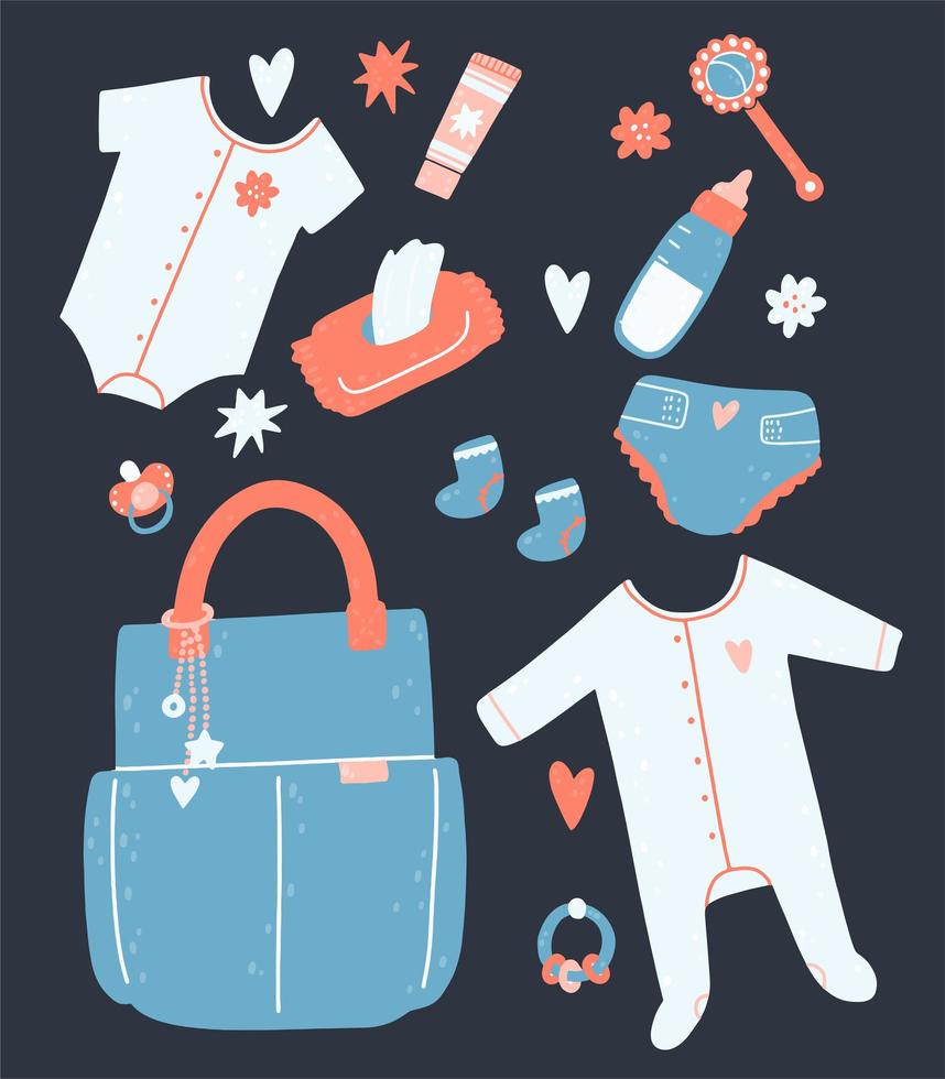 Baby items and clothing set vector
