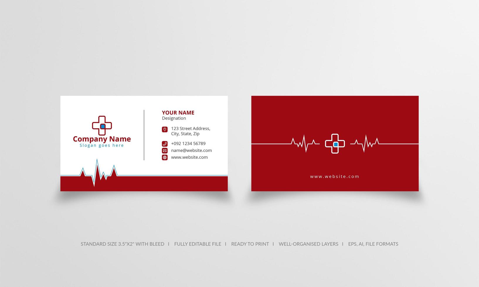 Health care business card in red and blue accents vector