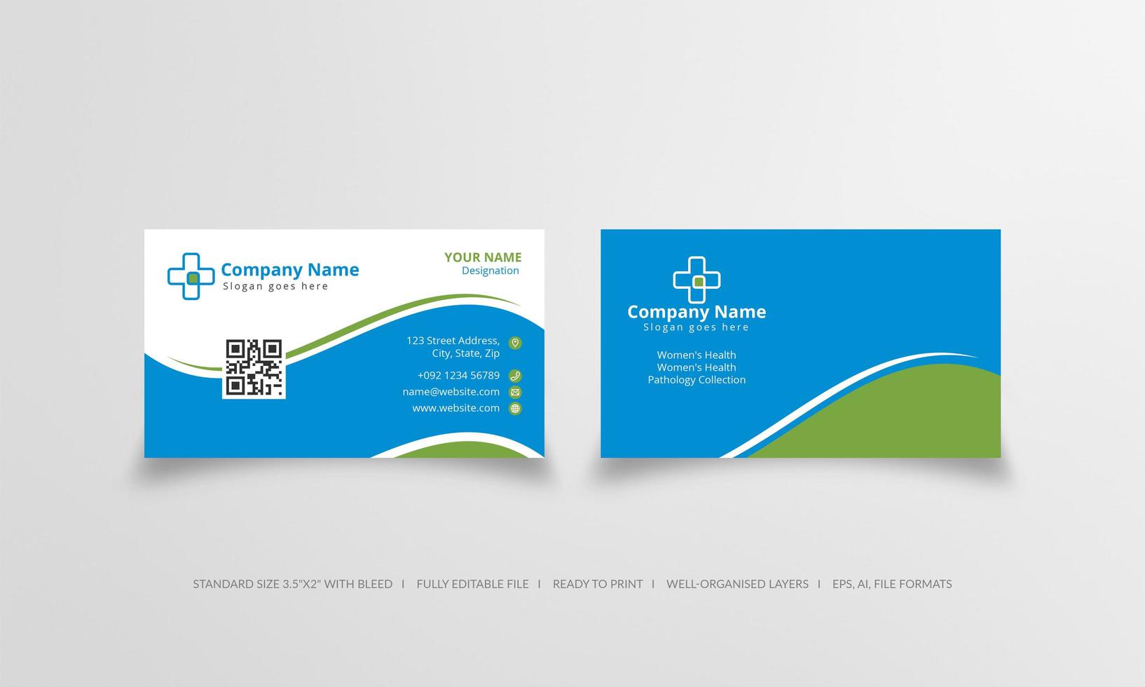 Blue and green physician visiting card template vector