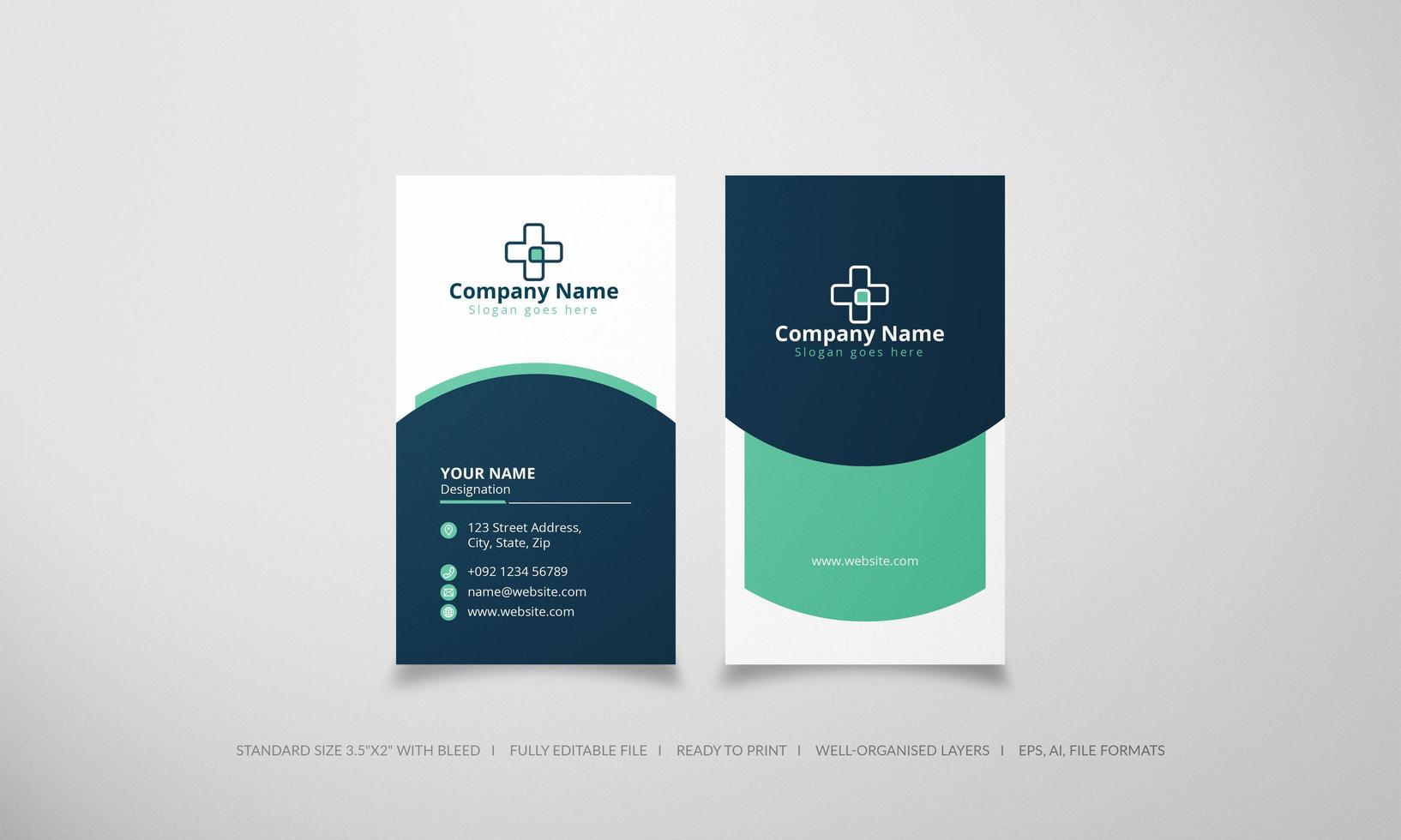 Vertical green and blue doctor business card vector