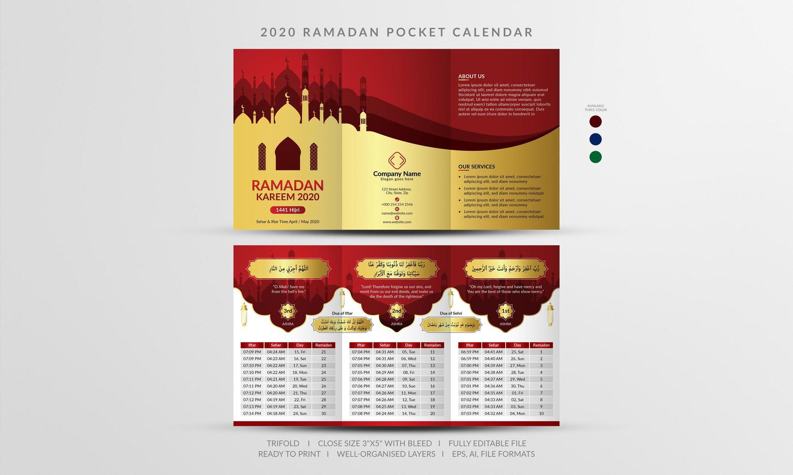 calendario de bolsillo ramadan rojo y dorado 2020 vector