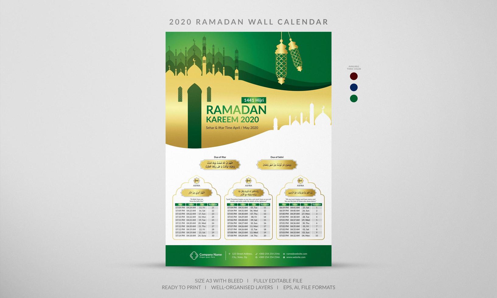 Green and Gold 2020 Ramadan Wall Calendar vector