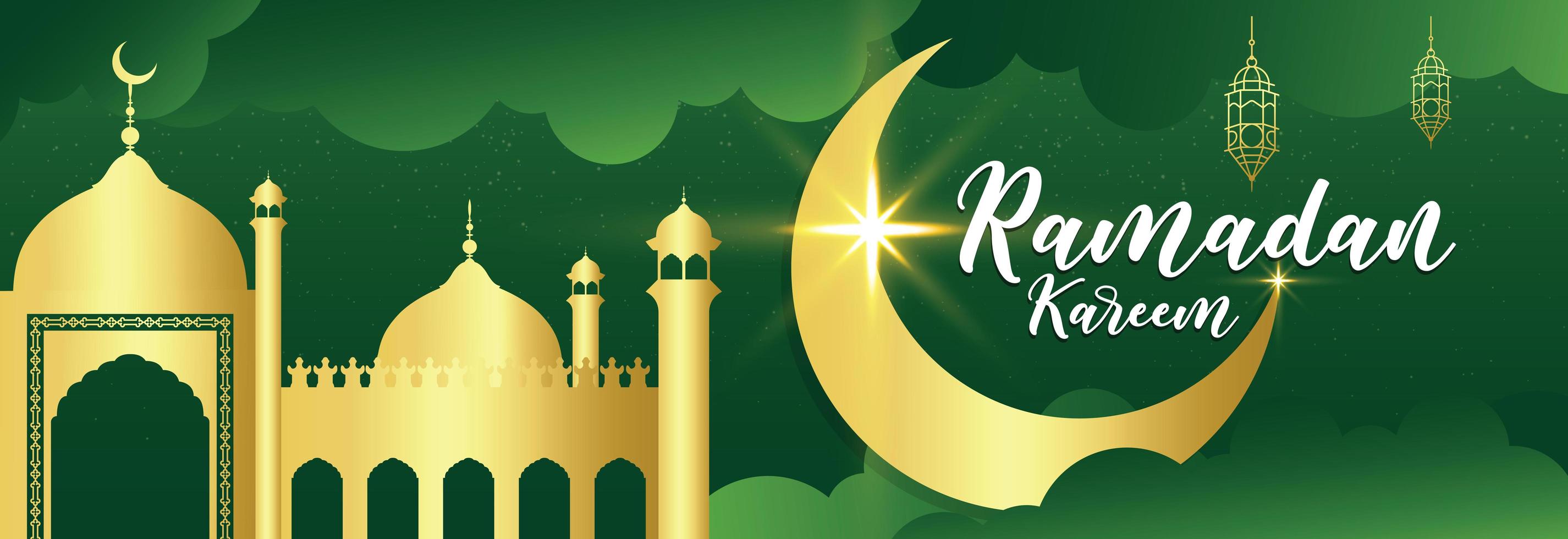 Gold Mosque and Moon Ramadan Kareem Green Banner  vector