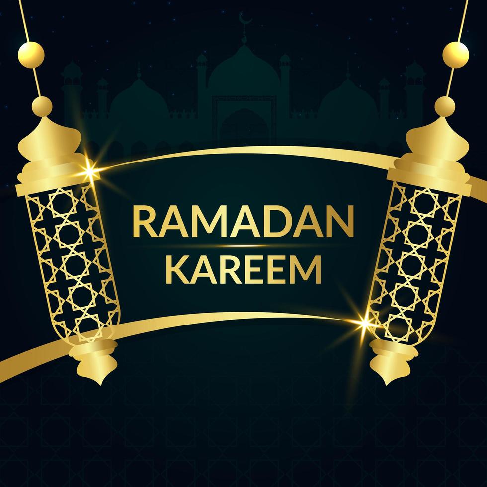 Desplazamiento de lámpara verde y oro ramadan kareem banner vector