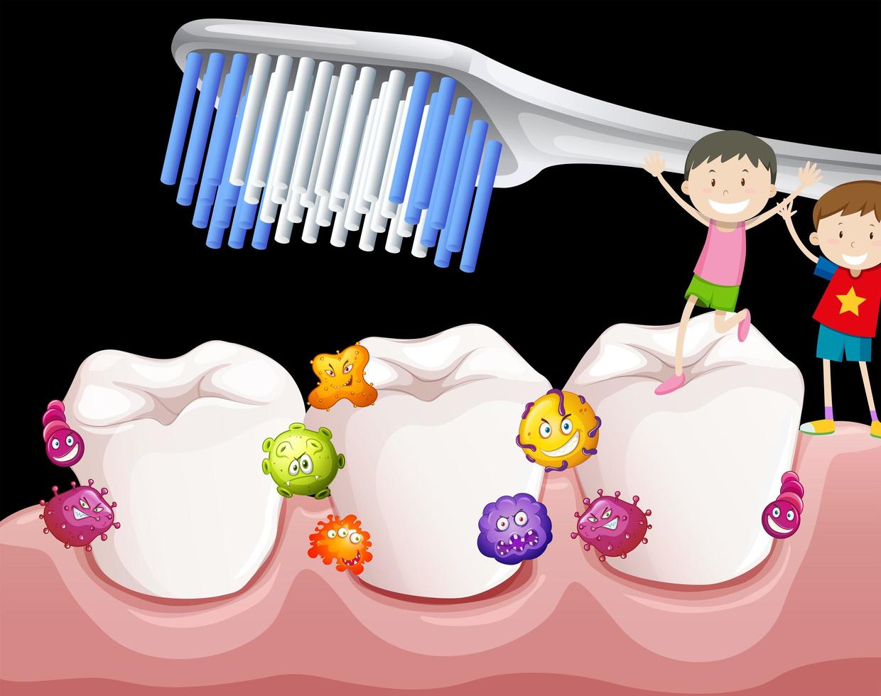 Boys Brushing Teeth with Bacteria vector