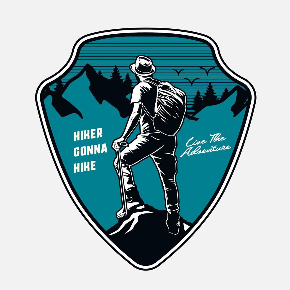 Shield emblem with mountain scene and hiker vector