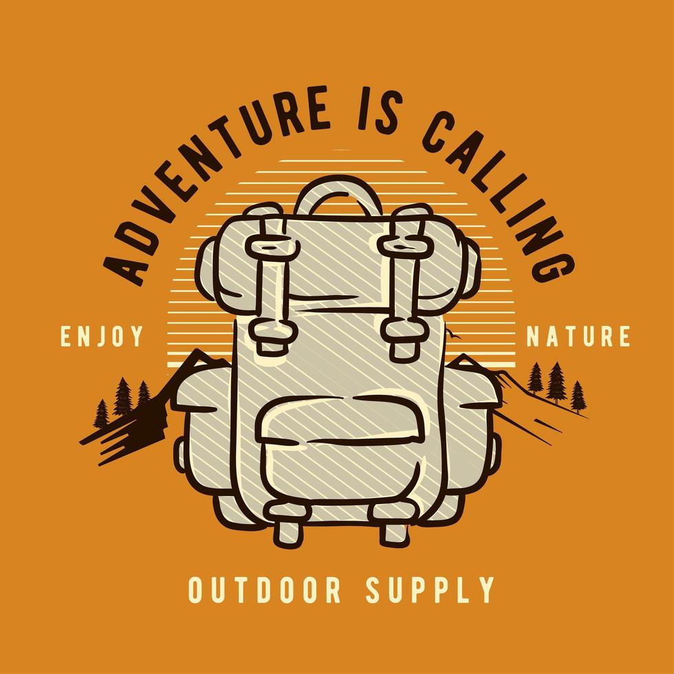 Backpack on orange with Adventure is Calling text vector