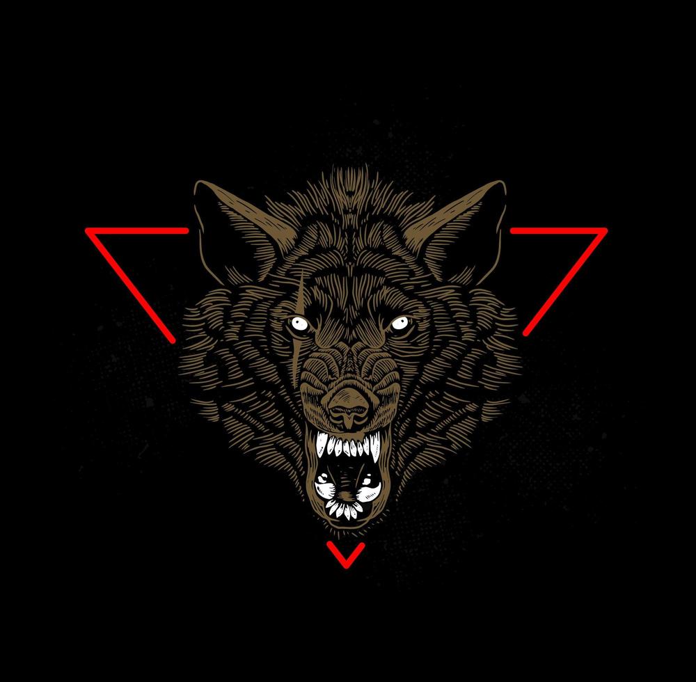 Grinning wolf head in front of red triangle vector
