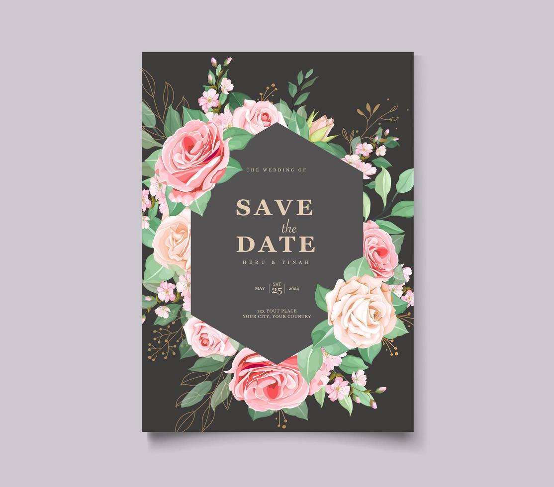 Geometric elegant wedding card with beautiful floral and leaves template vector