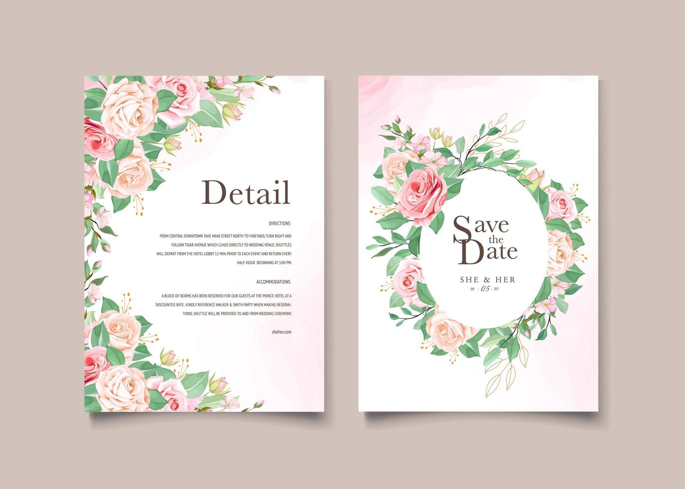 Circle floral and leaves template wedding card vector