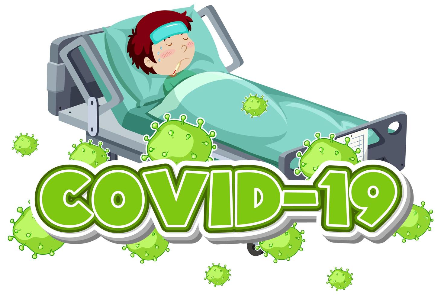 Covid 19 Sign Template with Boy Sick in Bed  vector