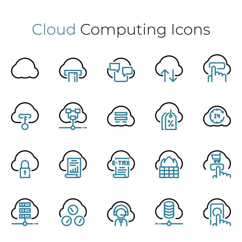 conjunto de iconos de delgada línea de computación en la nube vector