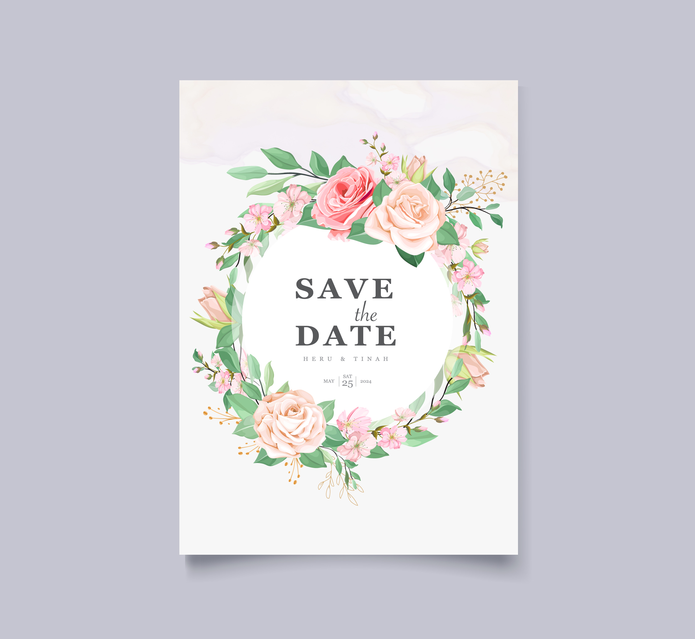 white wedding card with beautiful floral and leaves