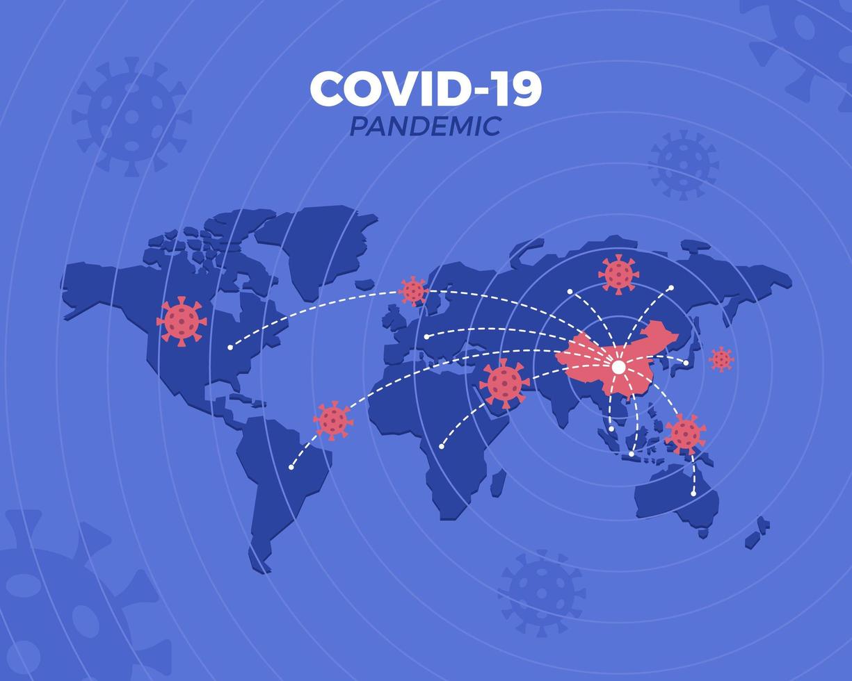 Ilustración de brote pandémico covid-19 con mapa mundial vector