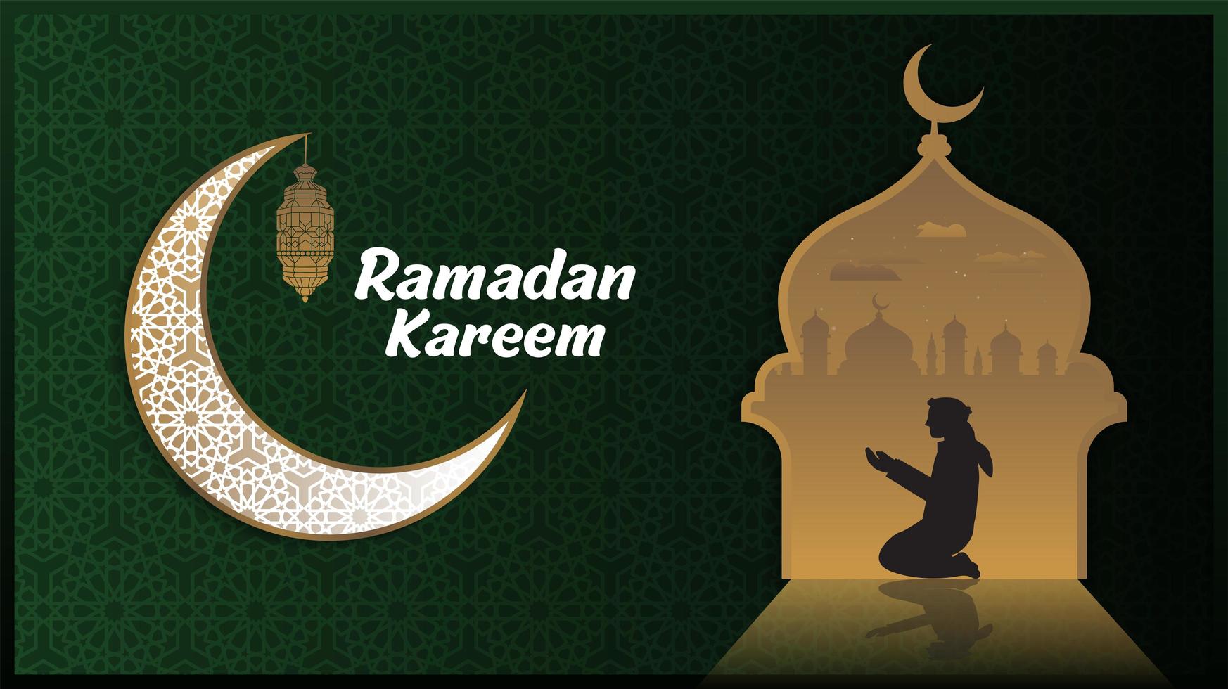 Green Ramadan Background with Crescent Moon and Mosque Silhouette  vector