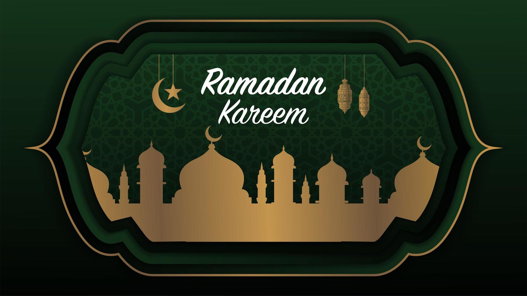 diseño de saludo de mezquita verde y oro de ramadan kareem vector