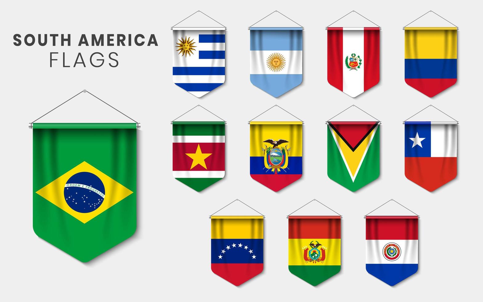 South America Flags as 3D Realistic Pennant Set vector