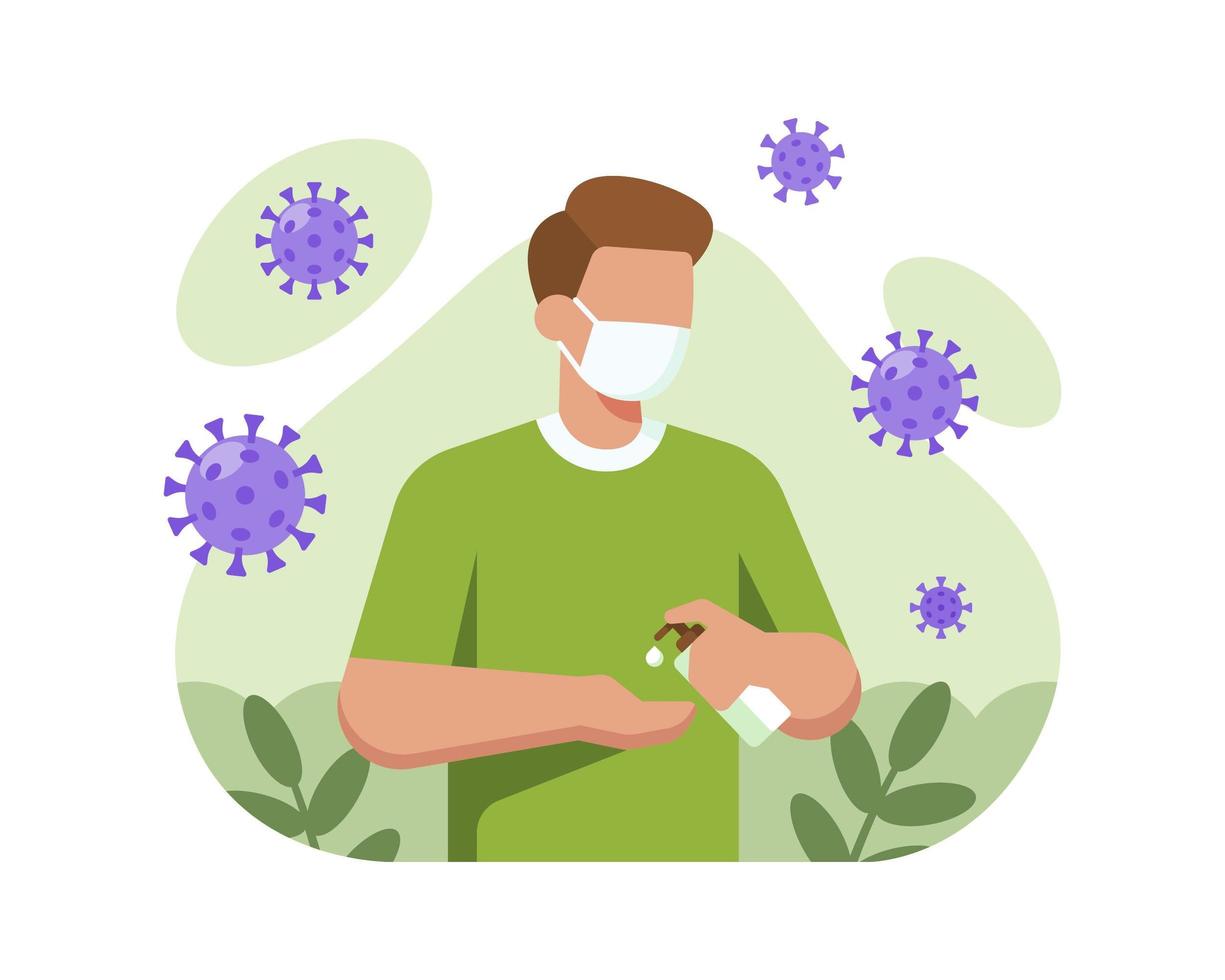 Man Wearing Mask And Washing His Hands with Hand Sanitizer  vector