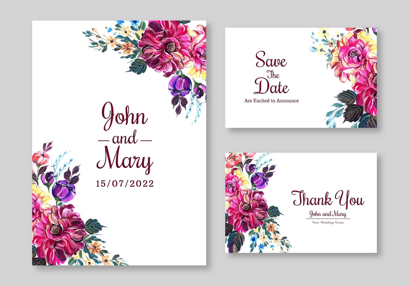 conjunto de invitación de boda ramo rosa púrpura vector