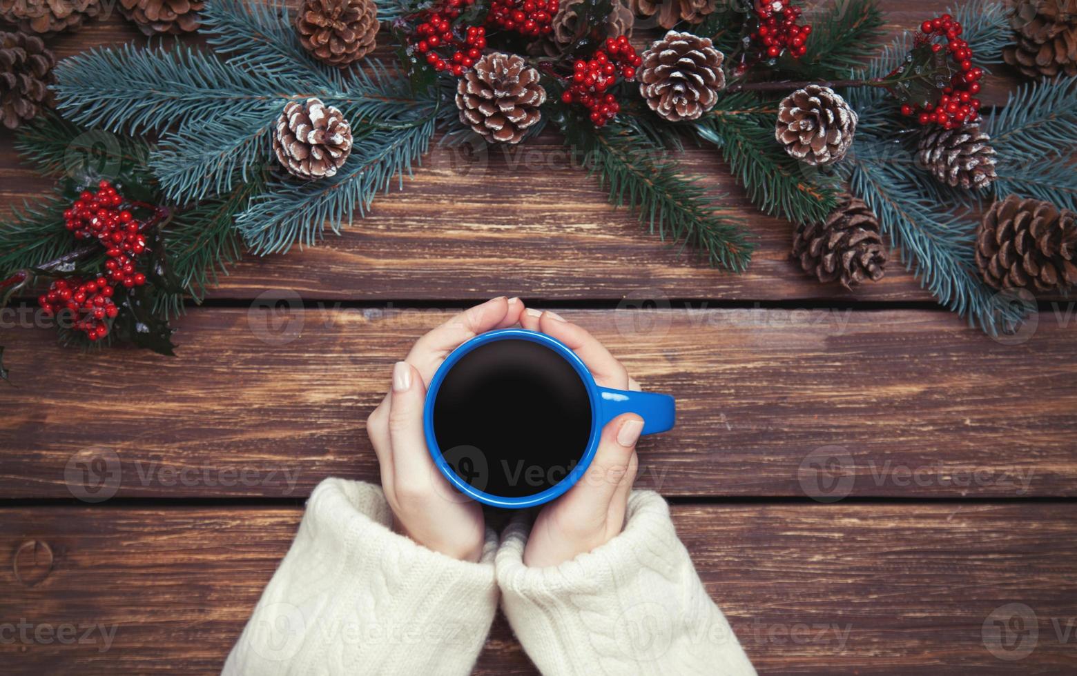 Girl holding cup of coffee near Pine branches photo