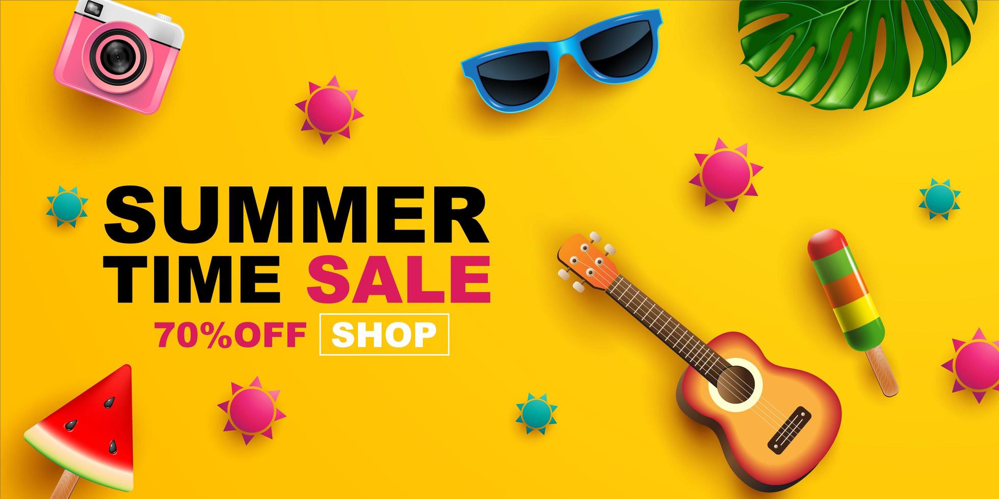 Summer Sale Banner with Items on Yellow vector