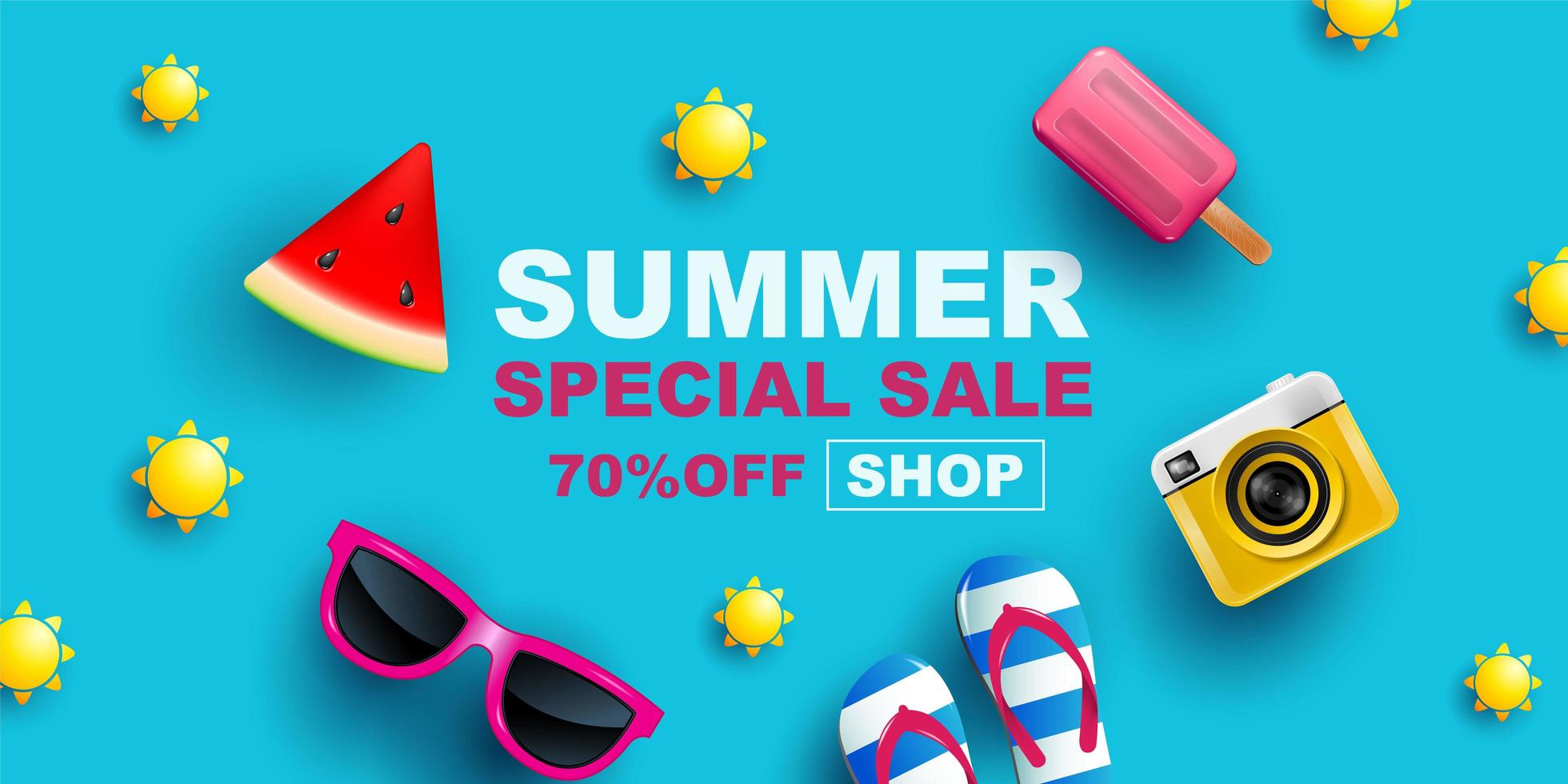 Summer Sale Banner with Items on Blue vector